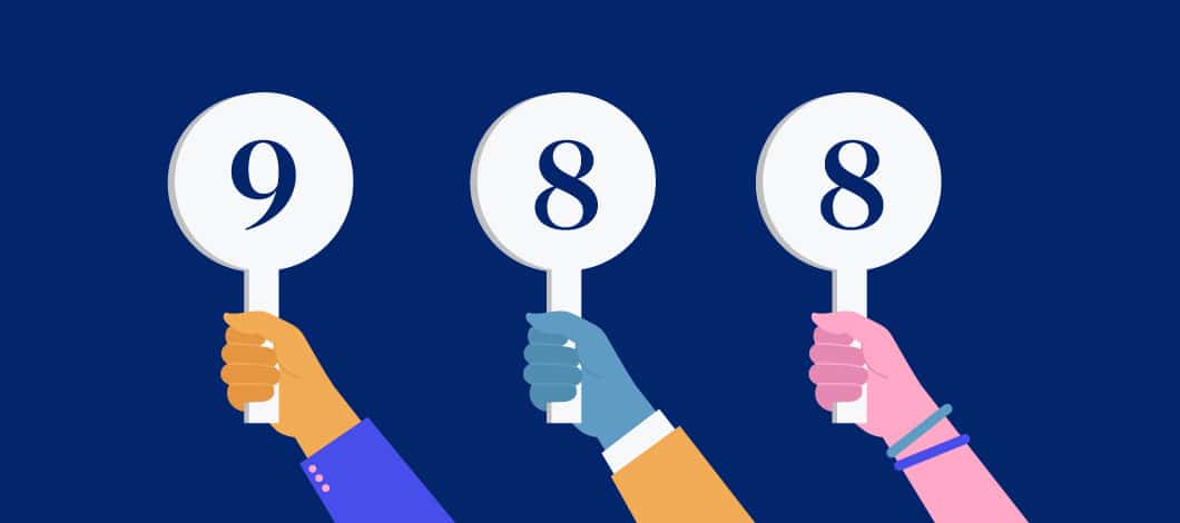 Three hands hoist up score cards (a 9 and two 8s).