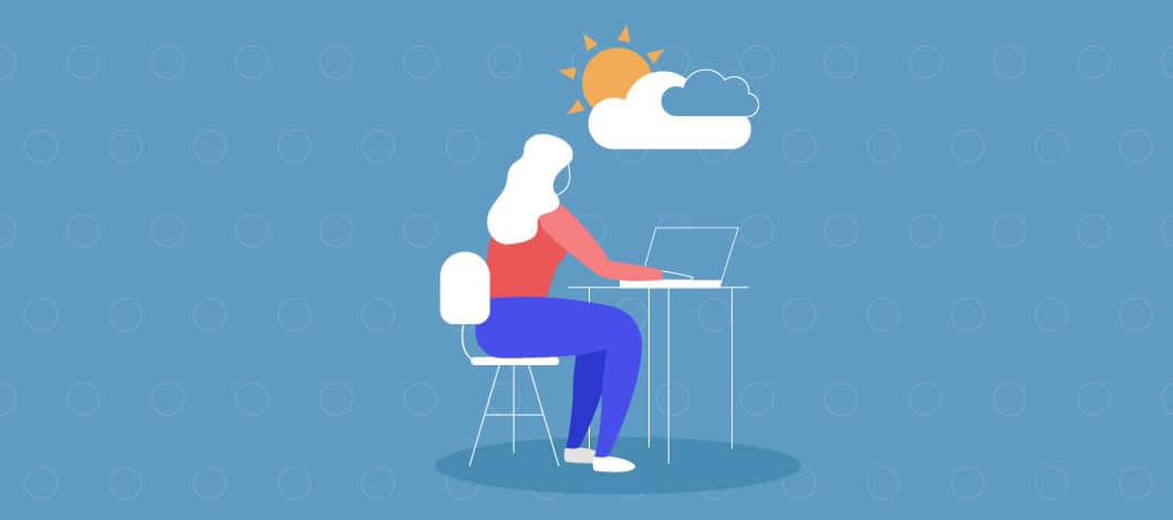 A worker sits at her desk. There is a white puffy cloud -- complete with the sun peeking out -- above her.