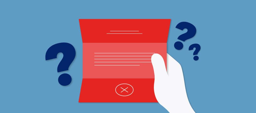 Blue background with graphic of a hand holding a red paper with an X on it and question marks around the paper.