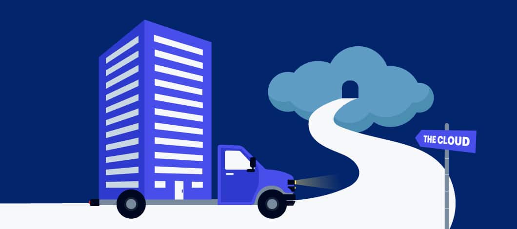 A truck with a small business building in the cargo bed drives up to the cloud.