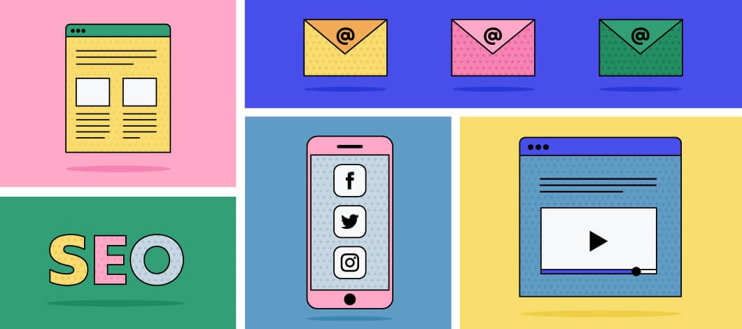 Multi-colored background with graphics of a mobile phone, envelopes, tablets and the letters SEO.