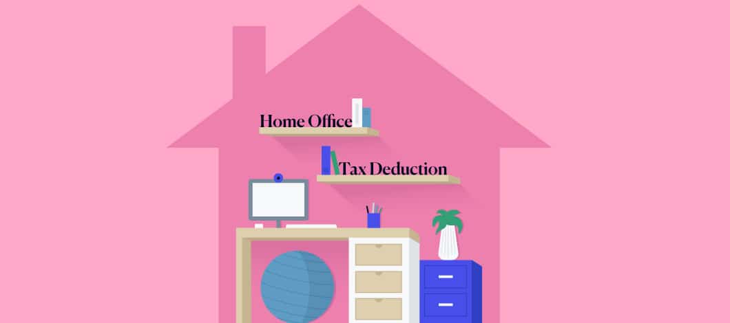 Pink background with an outline of a house and shelving that says “home office” and “tax deduction” inside with a desk below