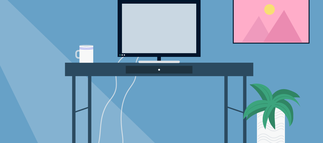 A computer screen in a home office announces, “You’re Hired!”