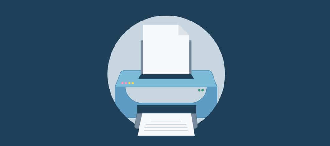 Blue background with an image of a blue printer with paper in the feed and a document printing into the tray. Different colored buttons are on the printer.