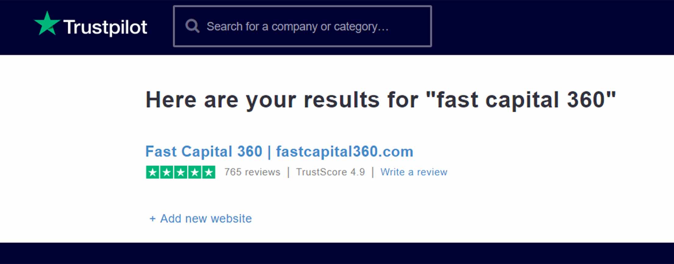 Trustpilot’s website showing ratings for iBusinessLender, which has earned 5 stars out of 765 reviews.