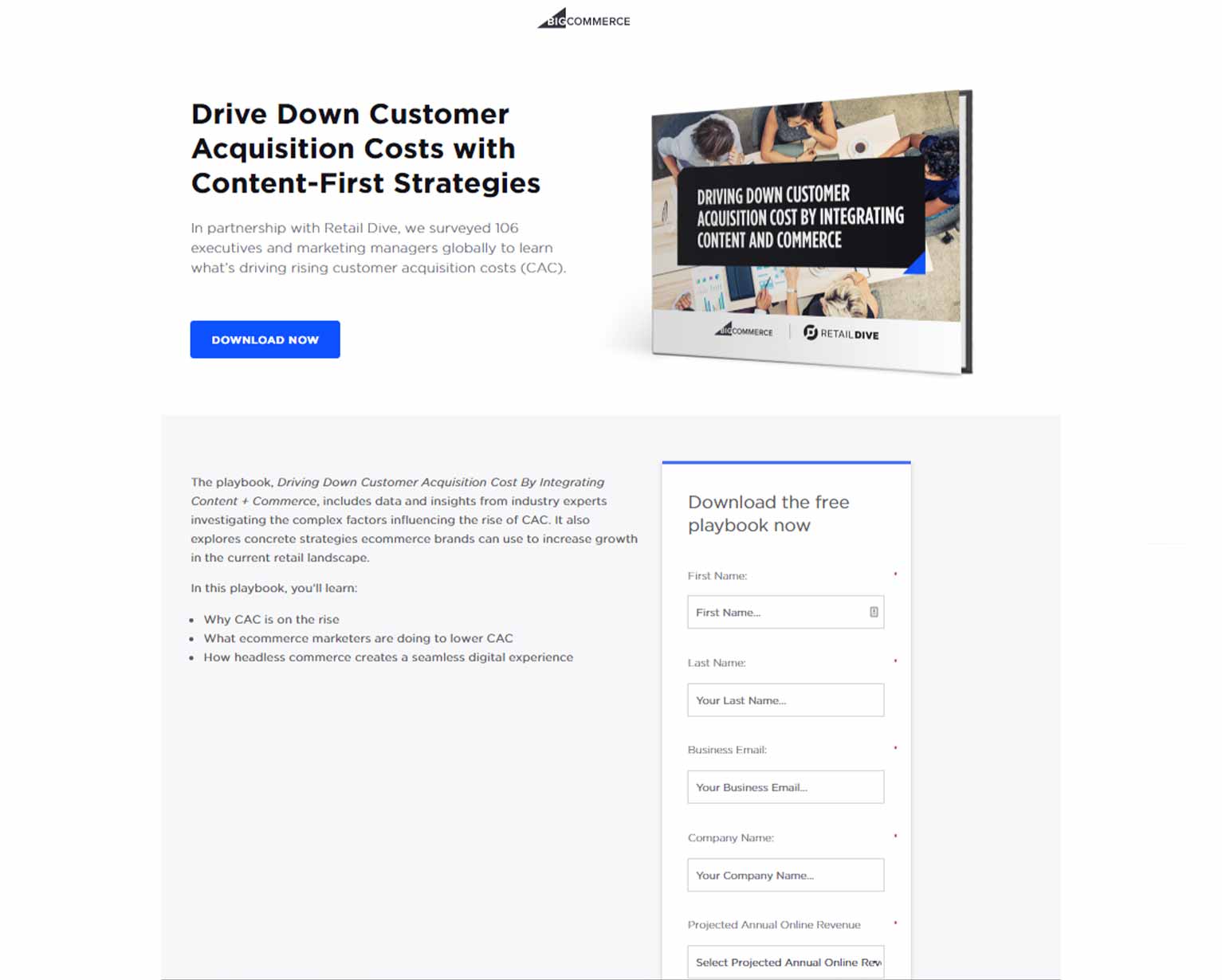 A LinkedIn ad lead form page to download a white paper entitled “Drive Down Customer Acquisition Costs with Content-First Strategies.