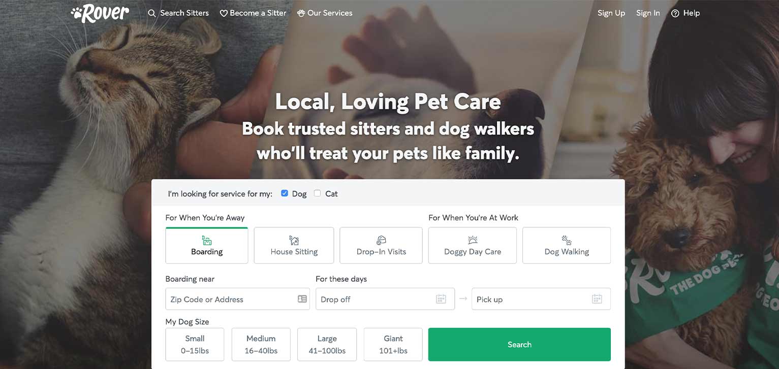 Rover.com home page is an example of a good UX experience,