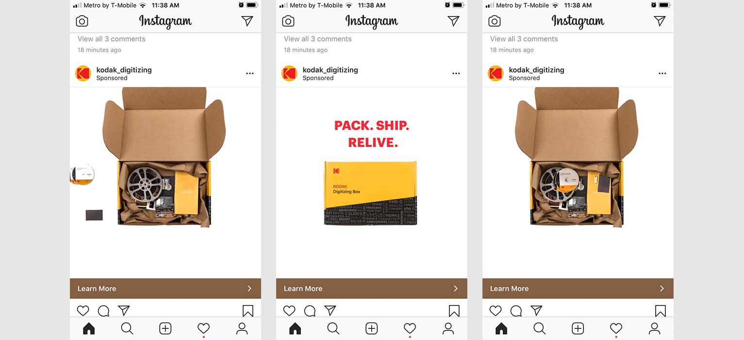 Paid ad on Instagram featuring Kodak’s Digitizing shipping box with film reels and camcorder packed for conversion to digital.