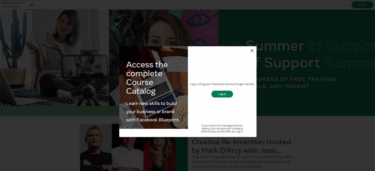 Facebook’s paid ad on the LinkedIn login page to access the course catalog for its Summer of Support program.