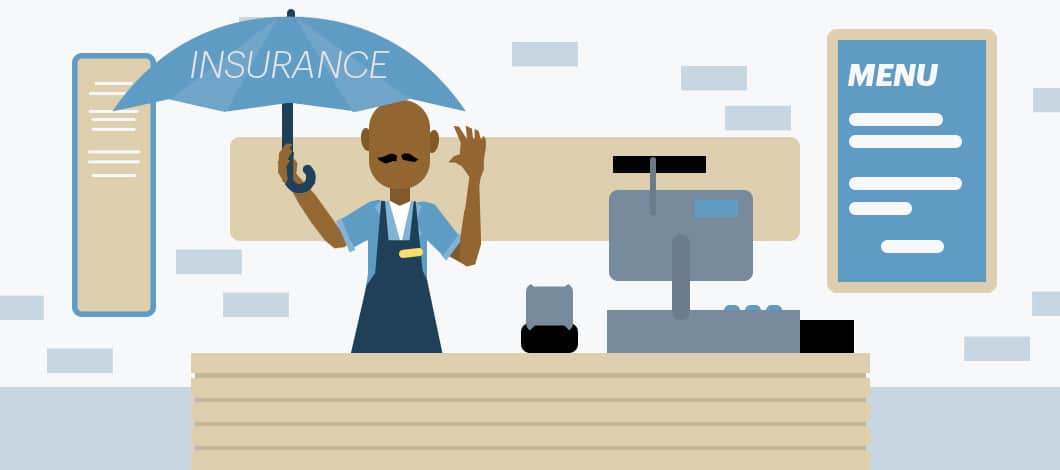 A shopkeeper at the counter stands ready to greet customers while holding an umbrella that reads “Insurance.”