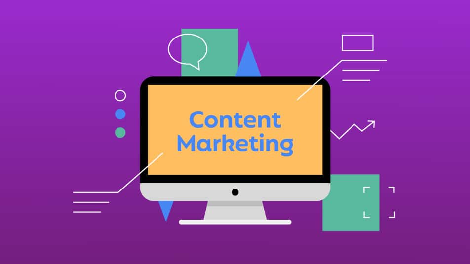 Computer screen with the words "Content Marketing" on the monitor.
