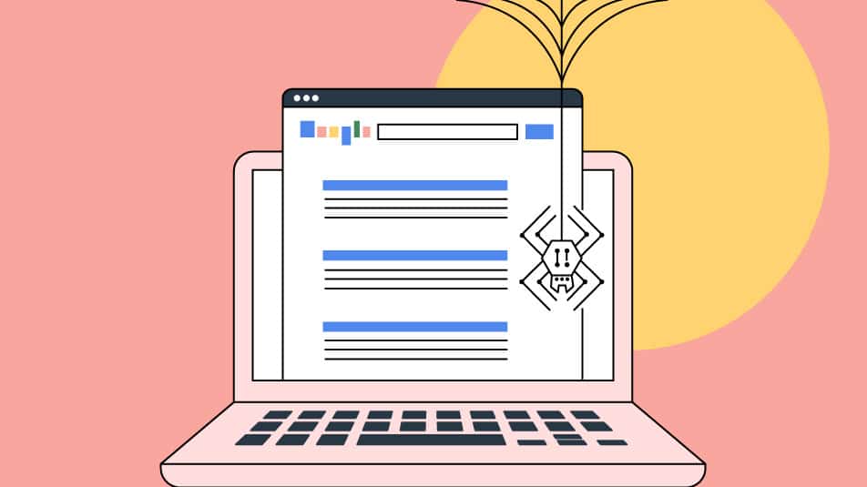 Laptop with search-engine "spider" in front of it.