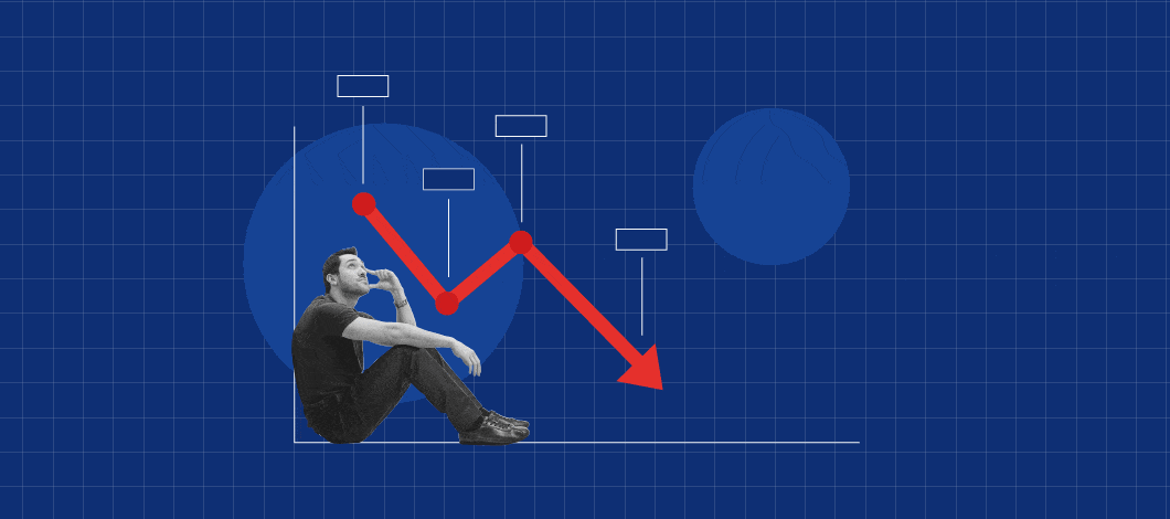 A frustrated man sits at the bottom of a bar chart with a line trending down, but a hand with an extended finger sends the line upward.