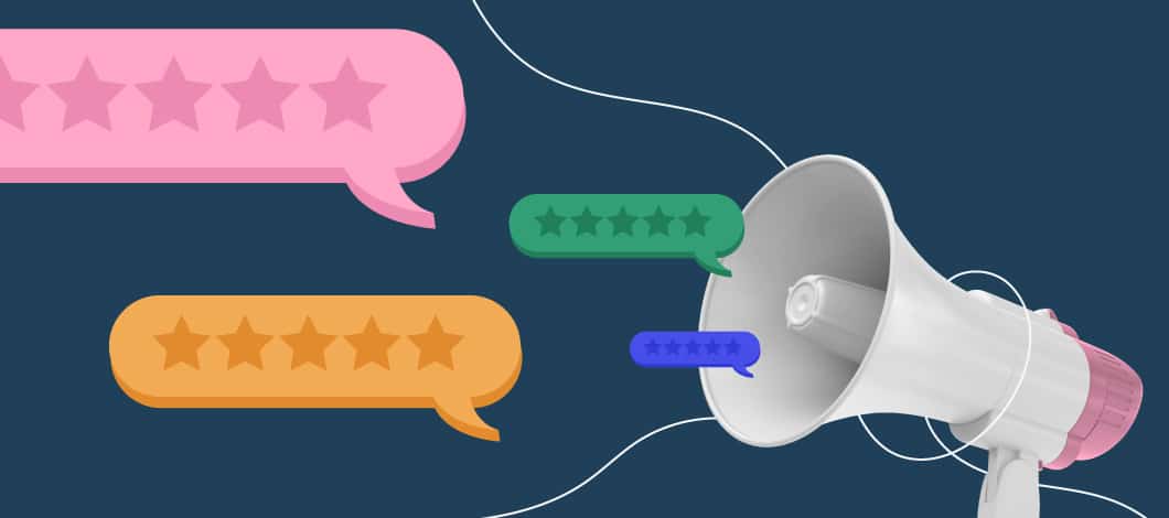A bullhorn shouts out a number of five-star reviews.