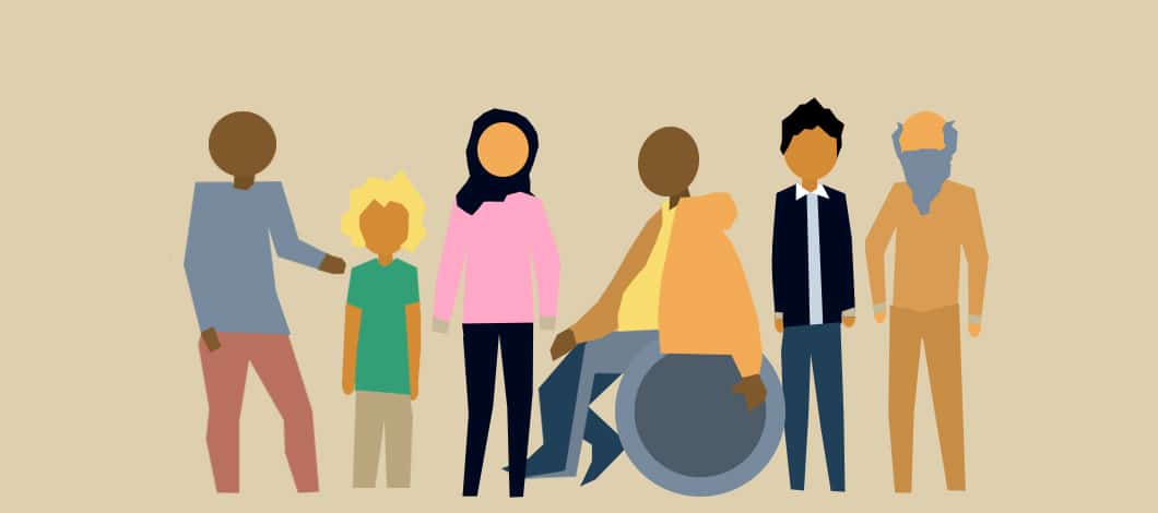 A row of all sorts people (a mix of gender, race, culture and age) stand together.