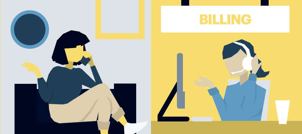 Split screen of a customer speaking with a billing service representative over the phone.