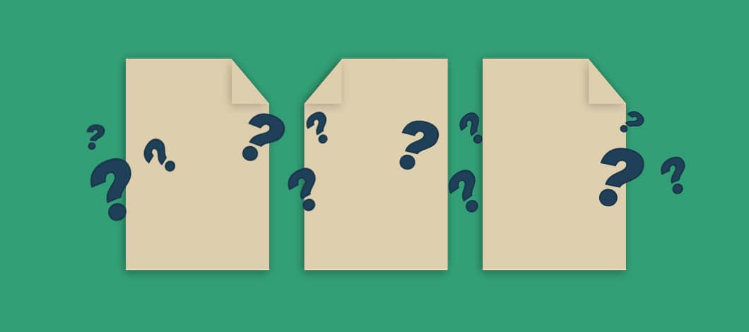 Three blank forms are surrounded by question marks.