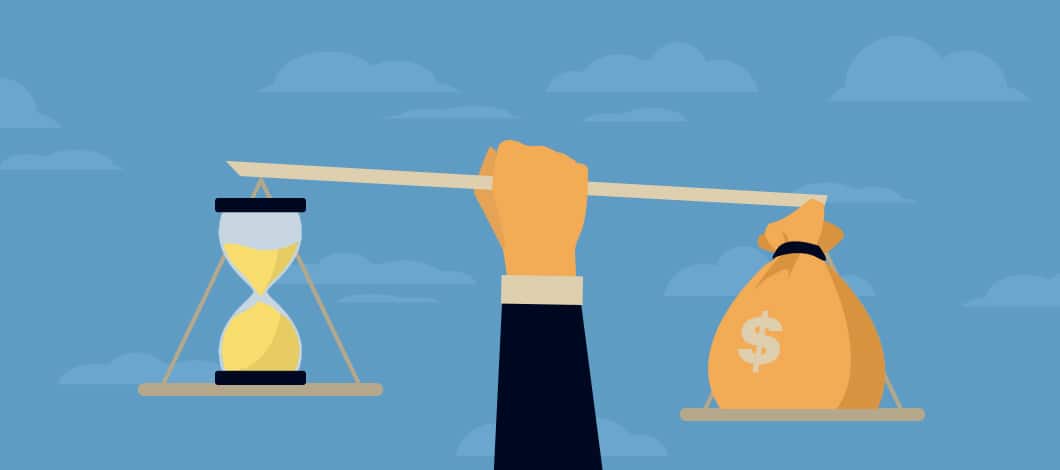 A hand holds up a scale with an hourglass on one side and a sack of cash on the other side.