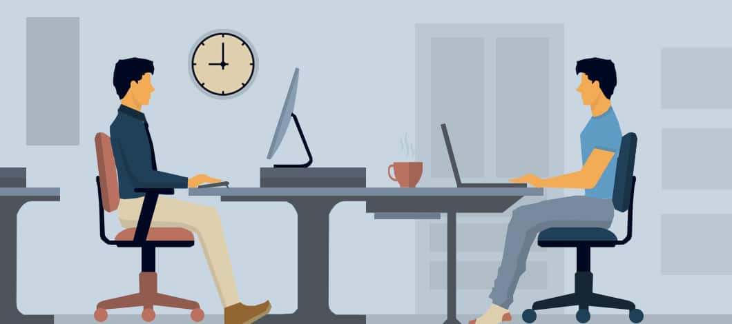 An employee is dressed professionally and works at the office. He sits across from his work-at-home self, who is dressed in sweatpants and a T-shirt.