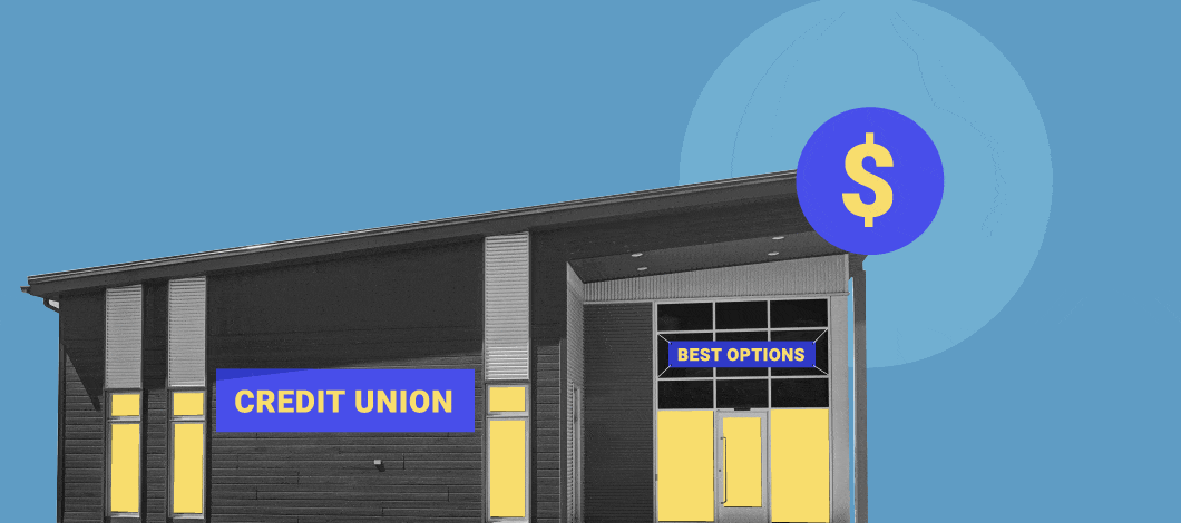 Blue background with building image with a sign that says “credit union” and another sign that says “best options” with a dollar sign