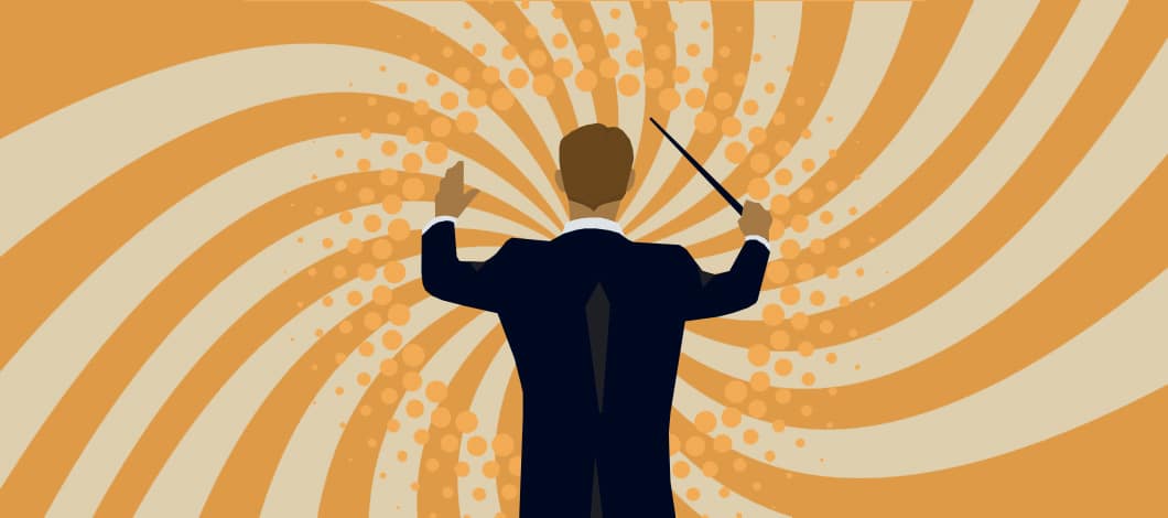 We see the back view of a music conductor, hands in the air (and a music baton in one of them) directing a background of swirling data.
