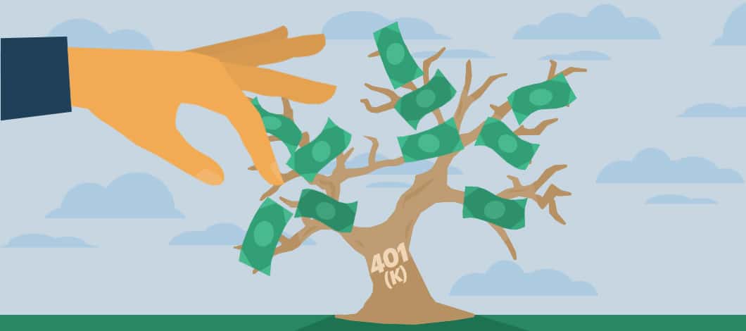 A giant hand reaches out to pick dollar bills that are leaves on a tree whose trunk reads “401(k).”