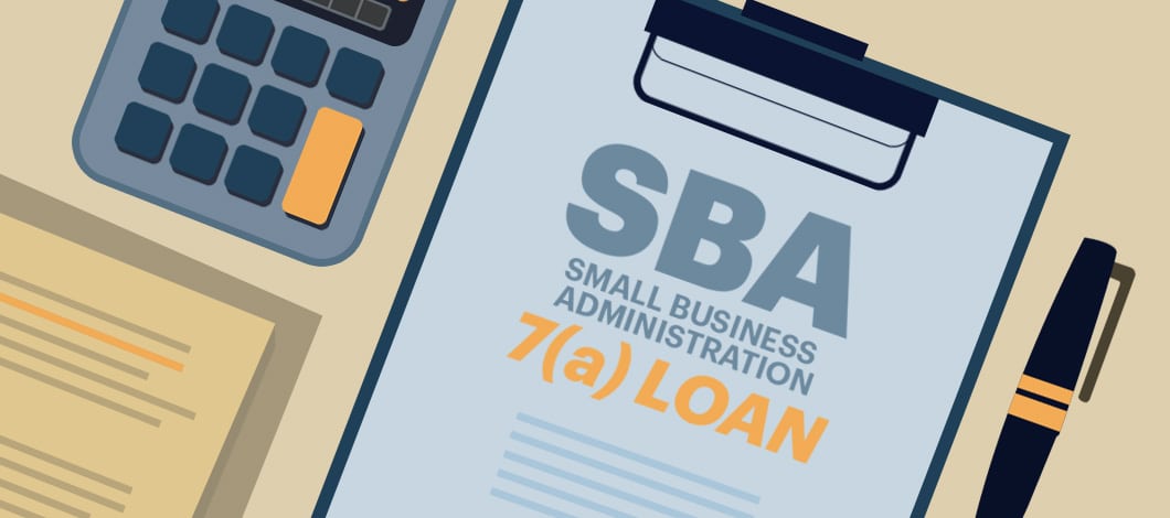 A clipboard holding a form that reads “SBA 7(a) loan” sits on a desk next to a pen and a calculator.