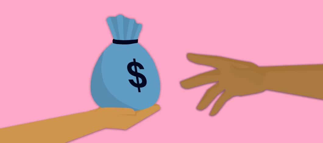 A hand reaches out to grab a sack of cash marked with a dollar sign symbol from another hand.