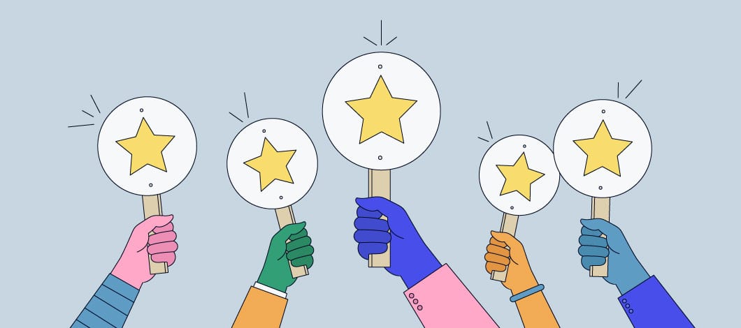 Various hands hold up signs with five-pointed stars.