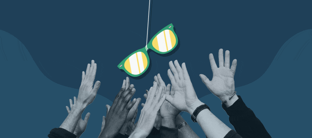 Multiple hands reach up to grab a shiny new pair of sunglasses hanging from a line.