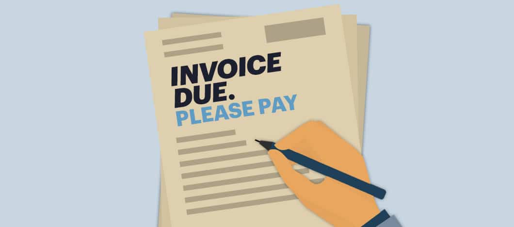 A hand with a pen drafts a letter that reads “Invoice Due. Please Pay.”