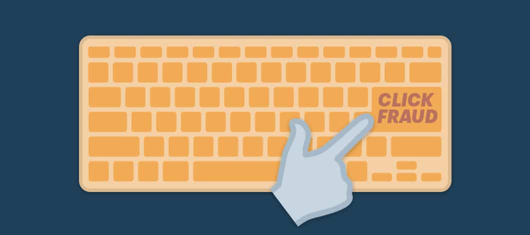 This is a closeup of a computer keyboard. A finger from a cursor hand is about to press the return button, which is labeled “Click Fraud.”