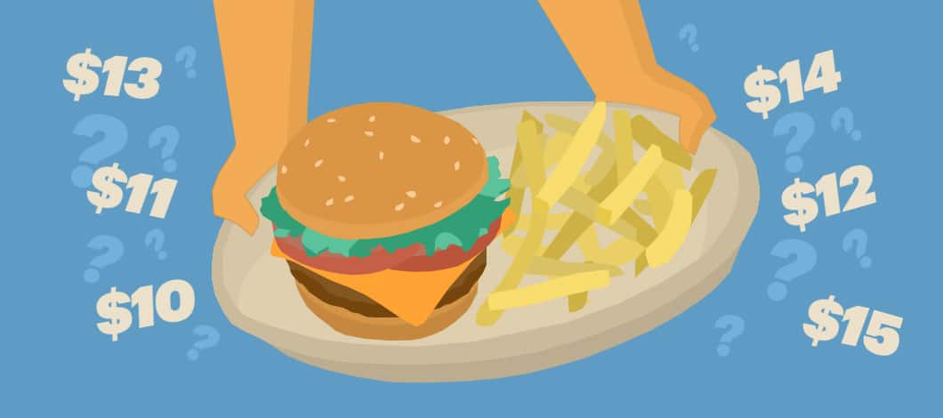 Hands hold a plate with a double cheeseburger with lettuce, tomato and a side of fries. It is surrounded by questions marks as well as various prices: , , , , and .