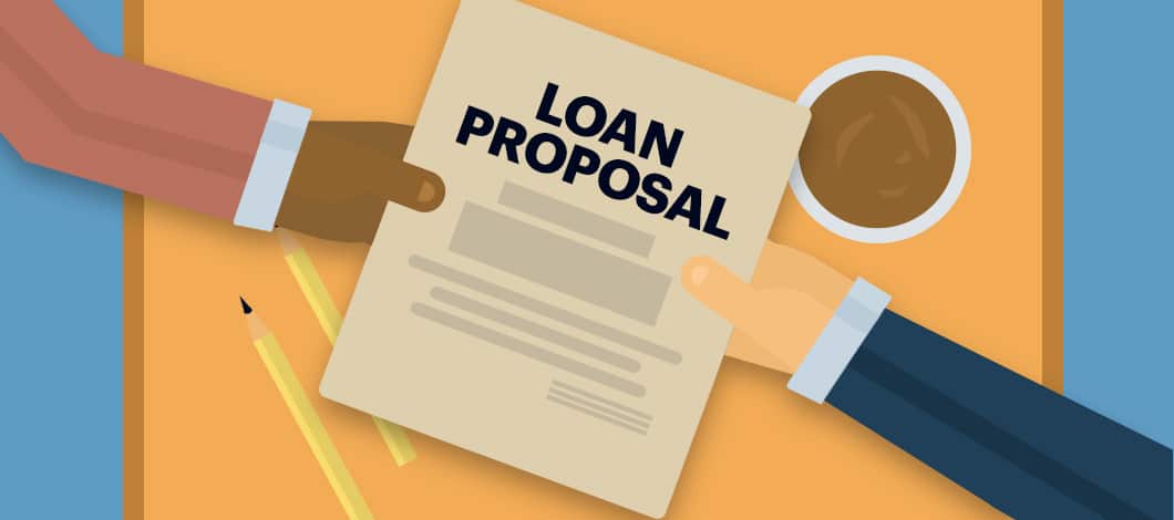 Across an office desk, one hand extends a document labeled “Loan Proposal” to another hand.