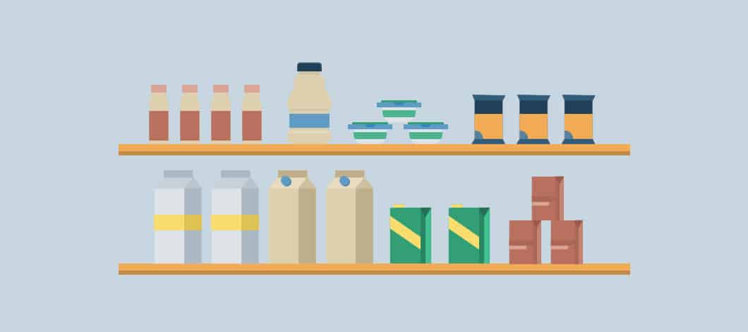 Grocery store shelves feature an assortment of items.