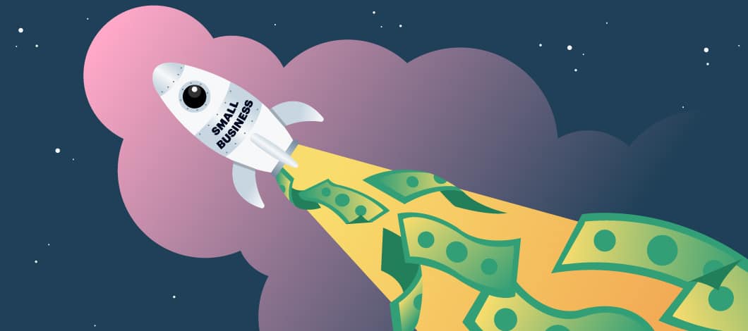 A rocket labeled “Small Business” thrusts upward diagonally, emitting dollar bills from its exhaust.