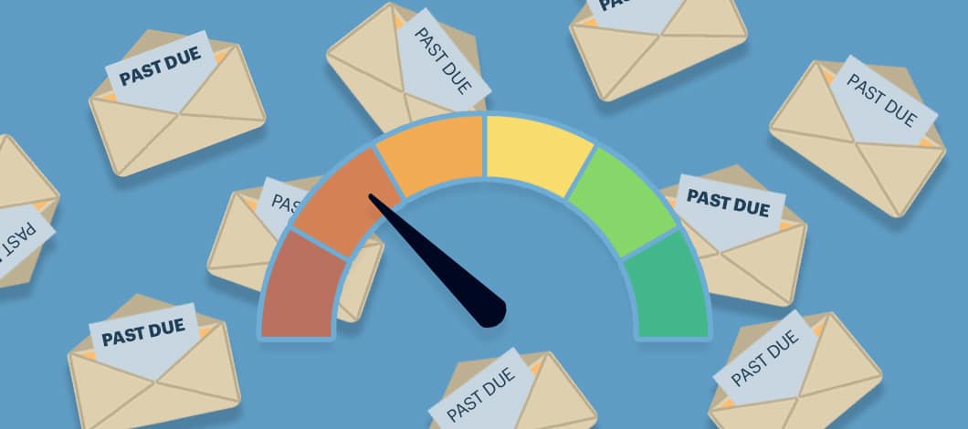 “Past Due” envelopes rain down behind a credit score meter, which is in the “poor” to “bad” range.