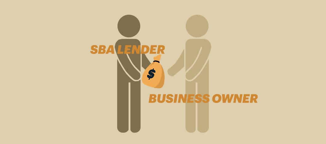 A figure labeled “SBA Lender” hands a sack of cash to another figure labeled “Business Owner.”