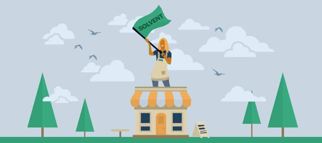 A smiling woman stands on the roof of her small shop and waving a giant green flag that reads “Solvent.”