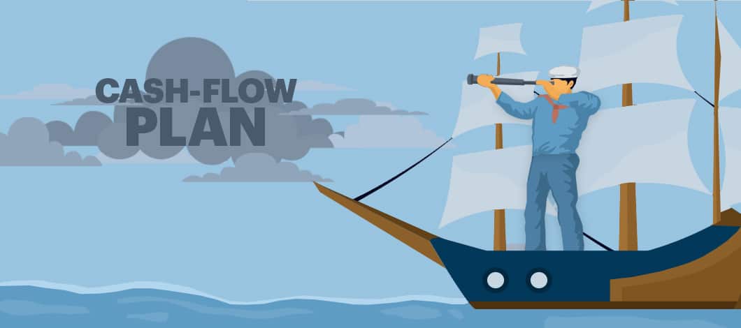 A sailor on a ship looks through a spyglass at cloud formations that are labeled “Cash-Flow Plan.”