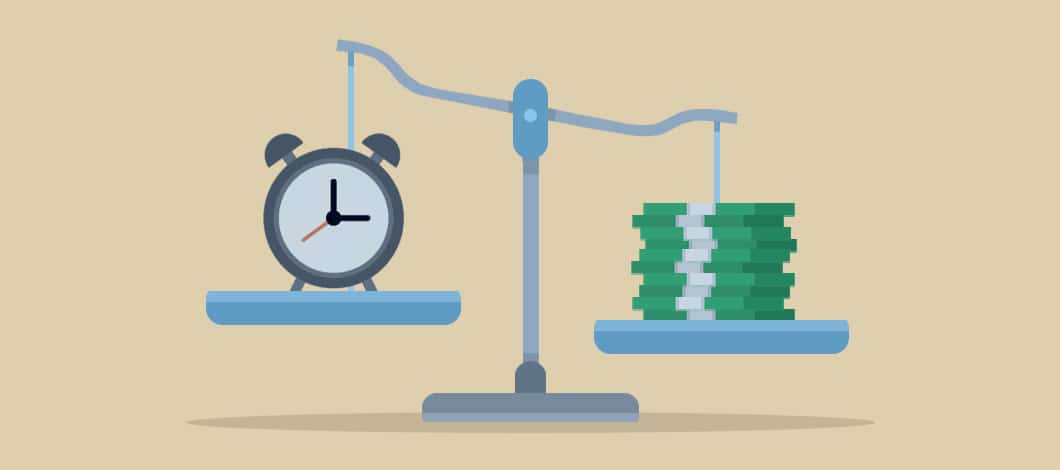 On a scale, a stack of cash sits on one side and a clock sits on the other side.