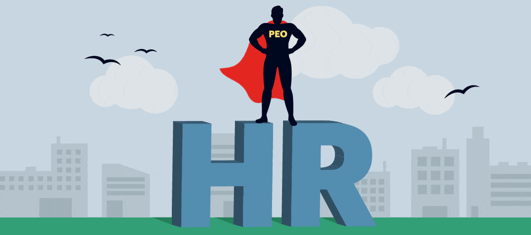 A silhouette of a caped superperson with hands on hip stands on top of the giant letters HR. The symbol on the hero’s chest reads “PEO.”