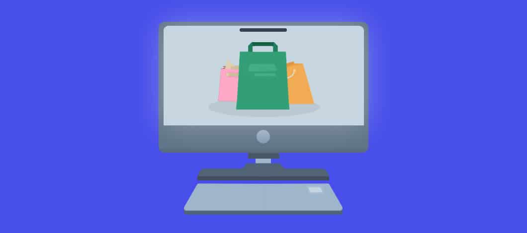 Graphic of a computer screen with images of shopping bags on it