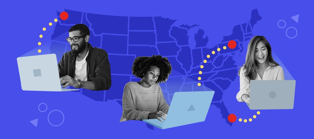 A map of the U.S. shows three people working on their laptops in three different locations: Seattle, Miami and Philadelphia.