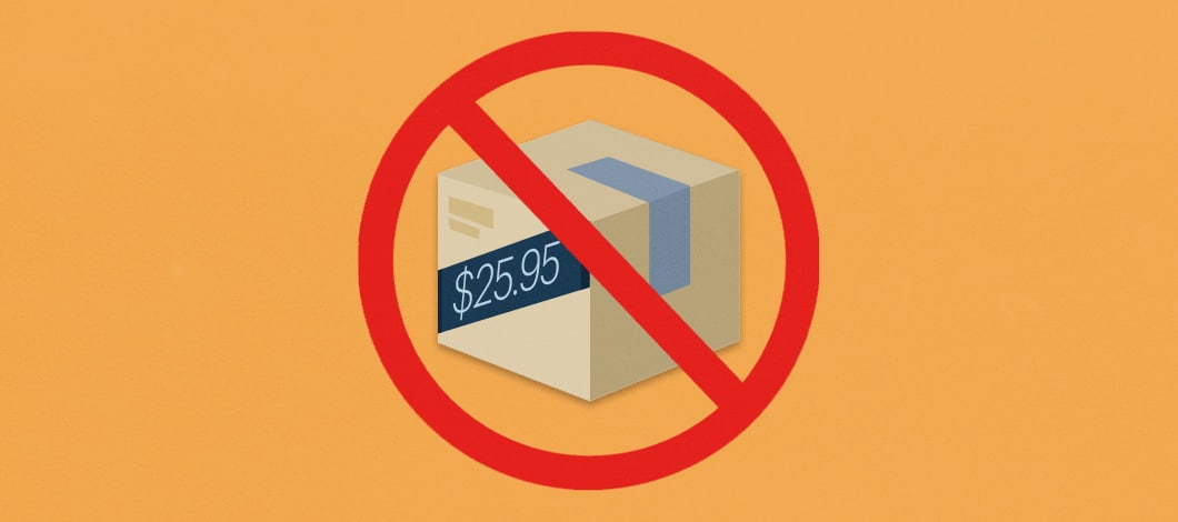 A box with a price tag of .95 is surrounded by a red circle with a red line crossing through it.
