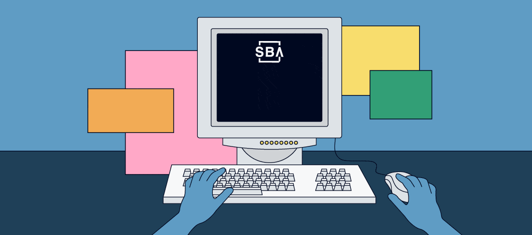 We see a hand clicking on a mouse and another hand on the keyboard of a computer. The screen shows the SBA logo and the words “Online Learning.”