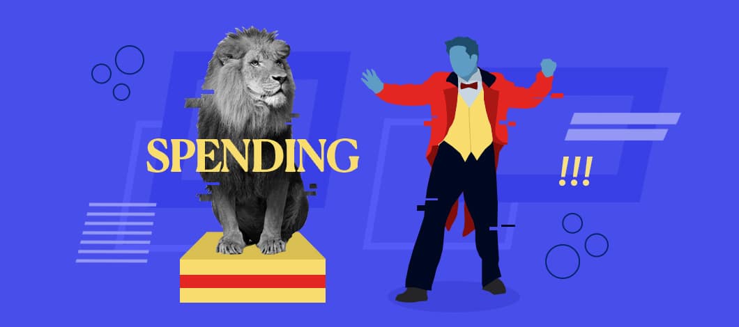 A lion tamer orders a lion labeled “Spending” to sit on a big square pedestal.