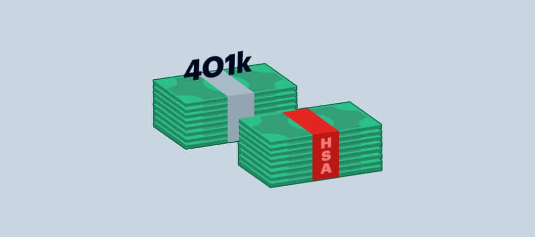 Two sacks of cash sit side by side. One is labeled “HSA,” while the other is marked “401(k).”