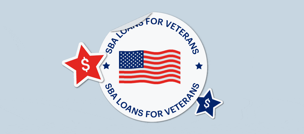 Seal with American flag and stars with dollar signs on them and the words “SBA Loans for Veterans”
