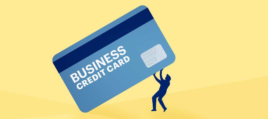 A silhouette of a person keeps a giant credit card labeled “Business Credit Card” from crushing them.